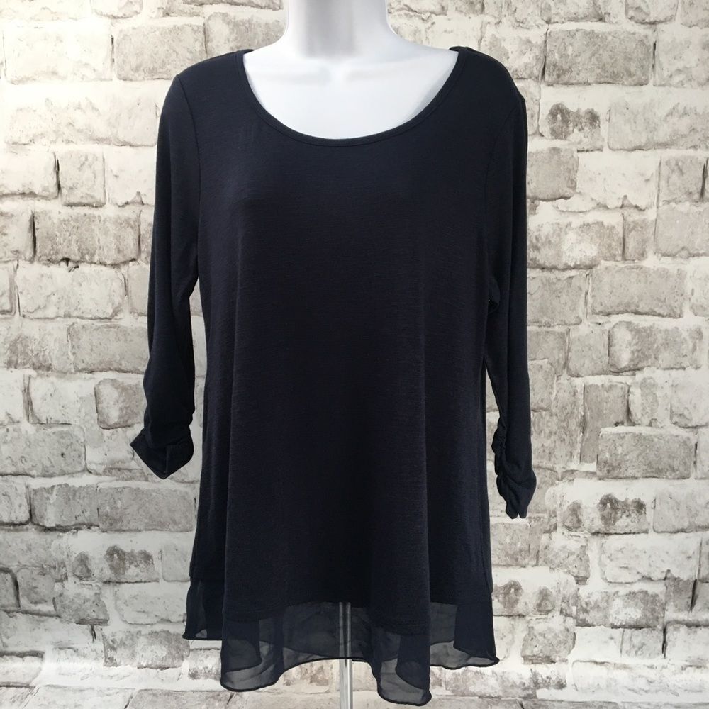 Style & Co Women's Size M Tee Blouse 3/4 Sleeve Sheer Shirring Navy Blue NWT